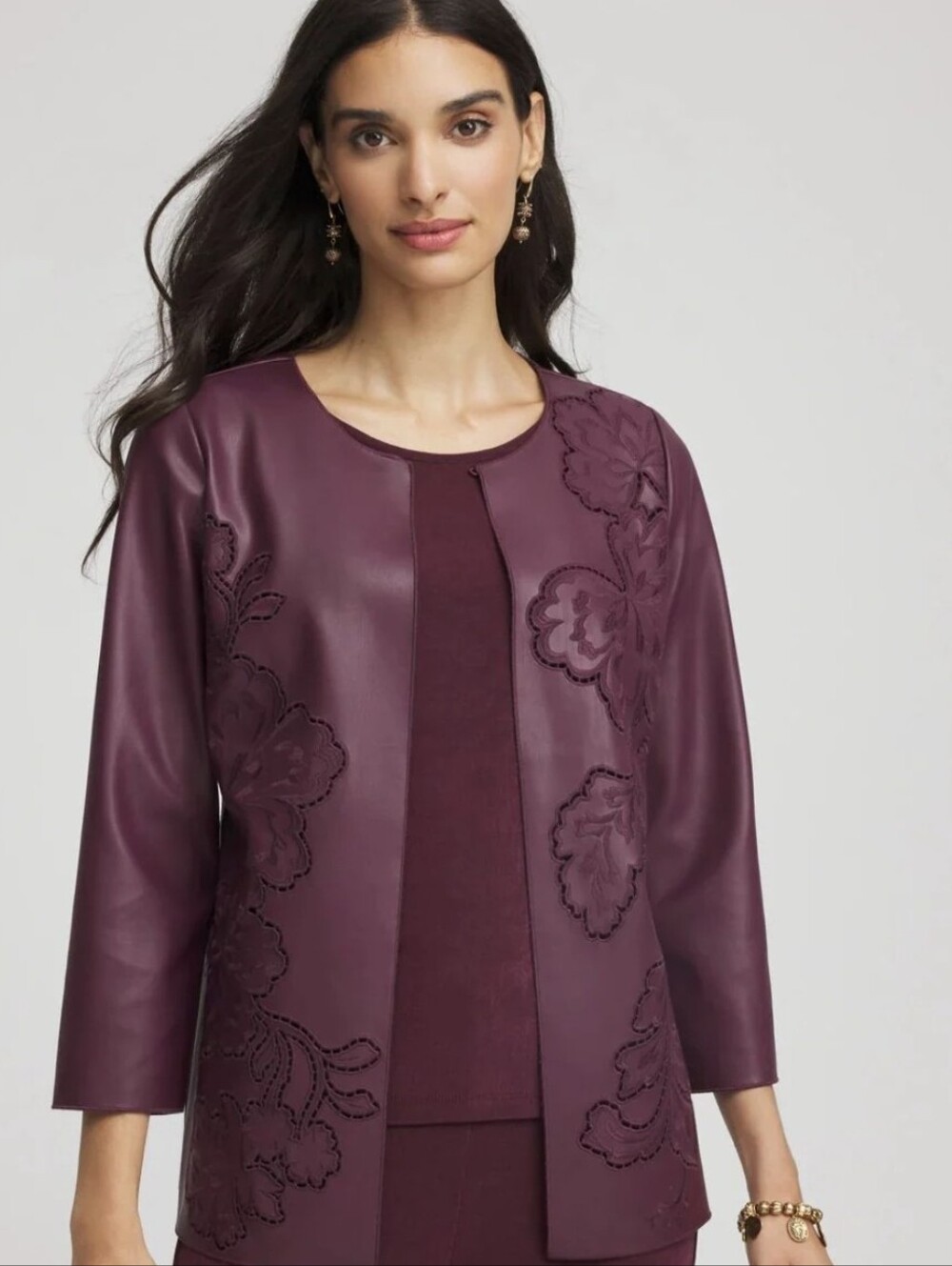NWT Chico’s Travelers  faux leather jacket Burgandy Embroidered  Floral Size. 1